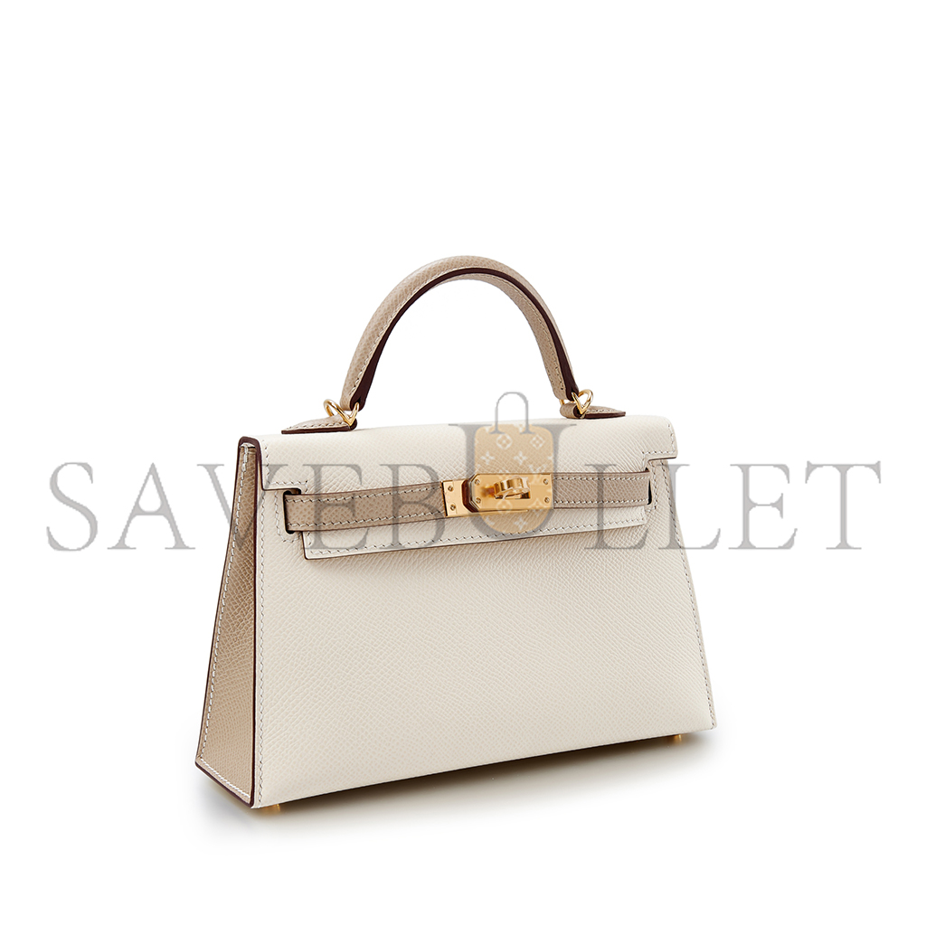 HERMÈS MINI KELLY II EPSOM CREAM WHITE WINDBREAKER GRAY GOLD HARDWARE (19*12*5.5cm)